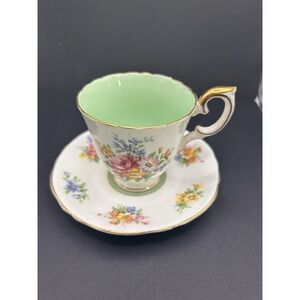 Vtg Crown Staffordshire Green Gold Floral Fine Bone China Teacup Saucer England